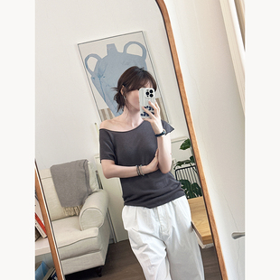 CHIA春夏气质可斜肩肩袖大领子冰丝亚麻感清透不起球不变形针织