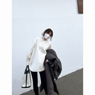 颓废家冬季洋气抽褶袖口高开叉空气绒中长款卫衣韩版百搭内搭上衣