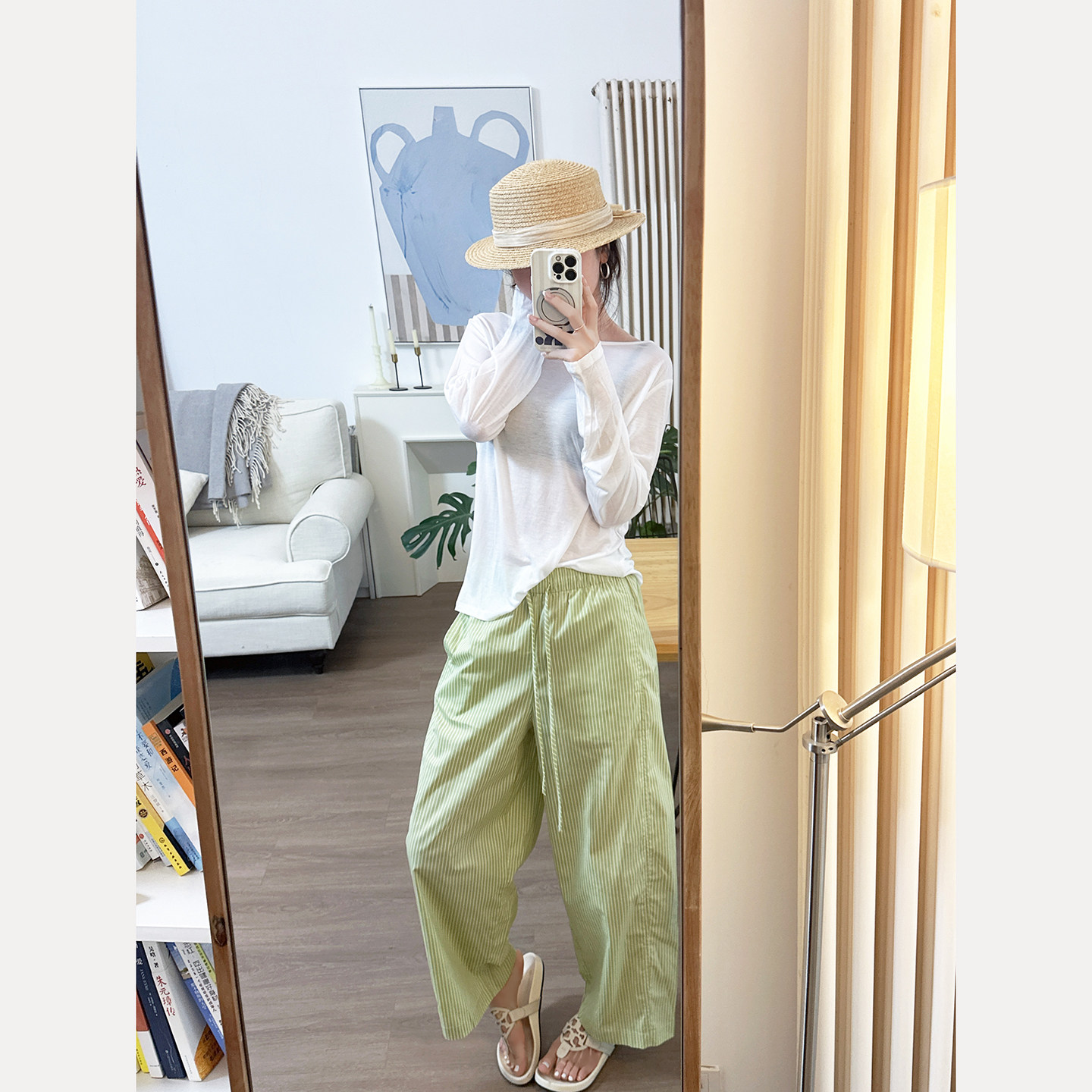 CHIA夏季防晒轻薄棉巨显白浅绿色条纹抽绳松紧腰小个子九分裤