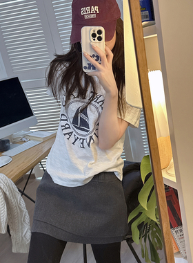 CHIA欧美INS风DA牌印刷感客供竹节棉内里磨毛冬季短袖气质T两色