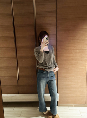 CHIA冬季保暖抬气质大U领毛绒绒的兔毛长袖针织毛衣不含内搭