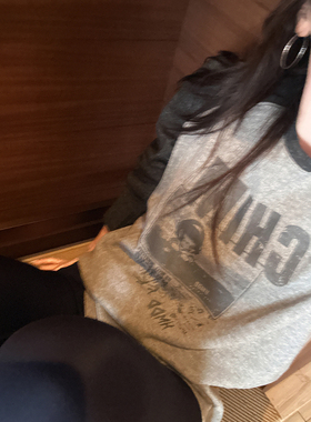 CHIA欧美撞色拼接袖秋冬单穿内搭都敲有范DA牌感长袖印刷t