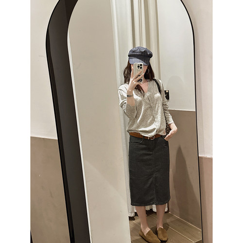 水洗灰色质感前开叉半身牛仔裙