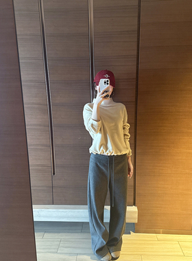 CHIA优雅帅气宽腰围抽绳毛呢料冬季保暖复合绒窄腿瘦身直筒裤