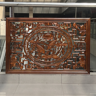 东阳木雕挂件香樟木沙发荷花双鱼中式客厅横屏背景墙壁挂装饰画