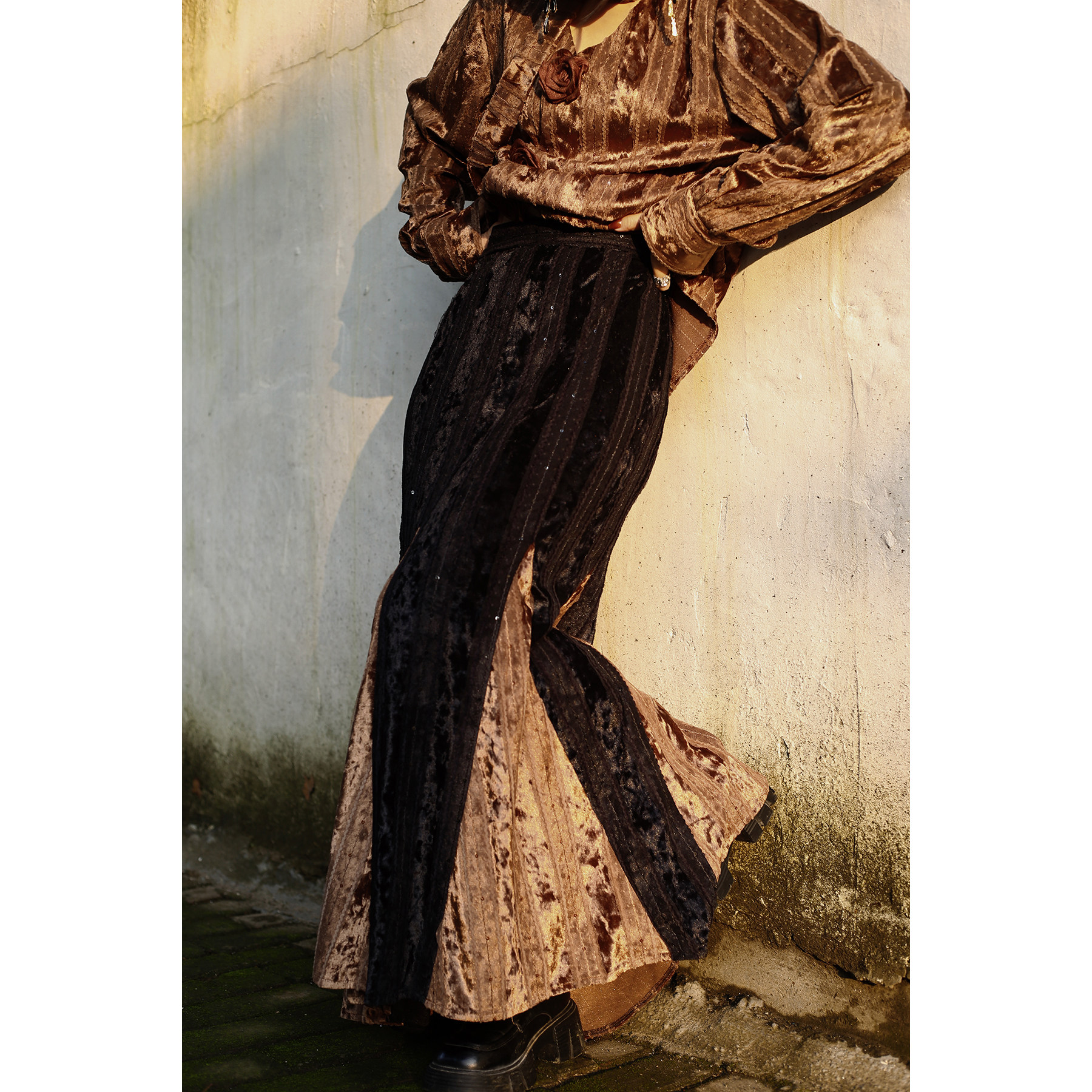 国风复古丝绒拼接鱼尾裙半身裙新