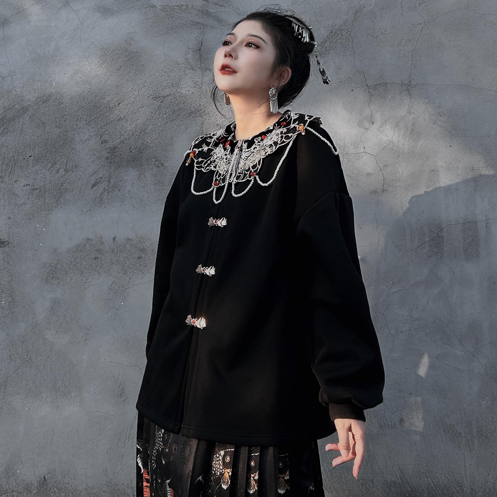 如渔大小码原创【烟墨】新中式国风流苏开衫上衣云肩娃娃领卫衣新