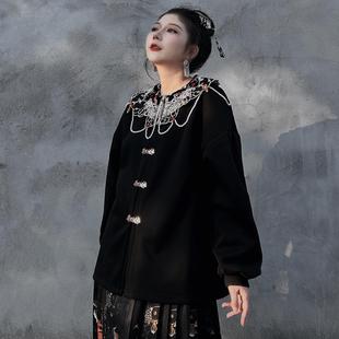 如渔大小码原创【烟墨】新中式国风流苏开衫上衣云肩娃娃领卫衣新