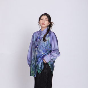 真大鱼如渔大小码 扶风 鸢尾印花宽松国风上衣醋酸衬衫 新 原创