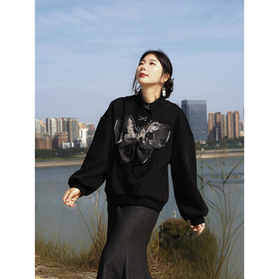 真大鱼大小码【蝶络】宽松套头假两件长袖蝴蝶刺绣流苏拼接卫衣女
