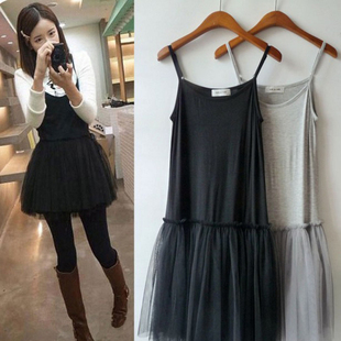 短款 连衣裙莫代尔拼接衬裙 双层网纱蓬蓬裙蕾丝吊带打底裙春秋新款