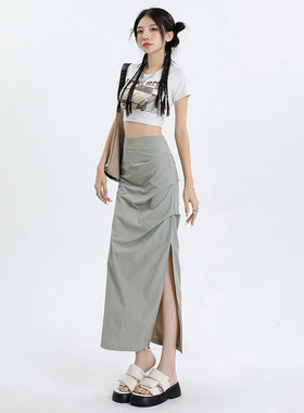 billkong辣妹褶皱开叉工装裙夏季薄款腰显瘦a字包臀百搭半身裙女