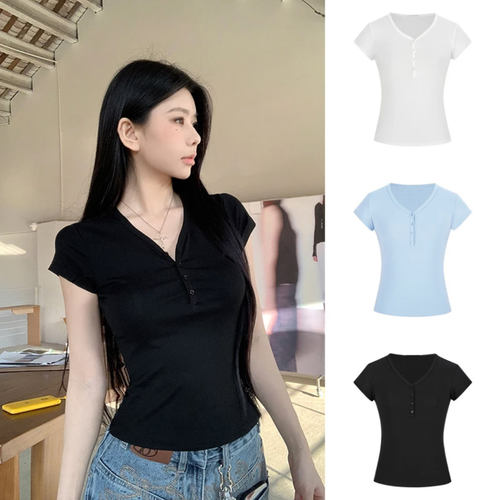 billkong魔西家短款修身V领半排扣纽扣短袖T恤新款修身正肩上衣