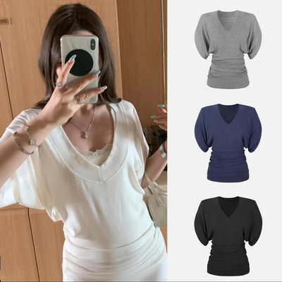 billkong慵懒风宽松V领短袖T恤女打底衫蝙蝠袖罩衫+蕾丝美背显瘦