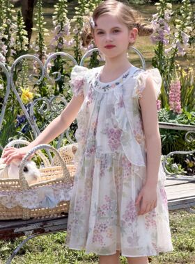 juji•橘寄 莫奈花园 女童法式森系甜美小飞袖连衣裙公主裙X8820