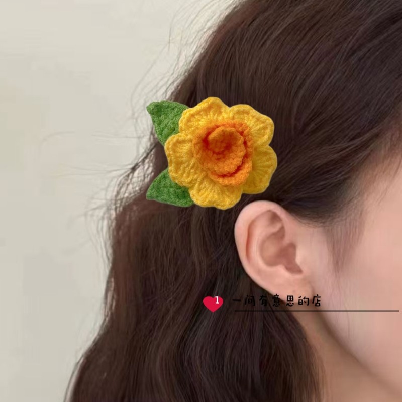 DIY手工钩织毛线编织成品芭比玫瑰发夹可爱花朵发卡边夹刘海夹