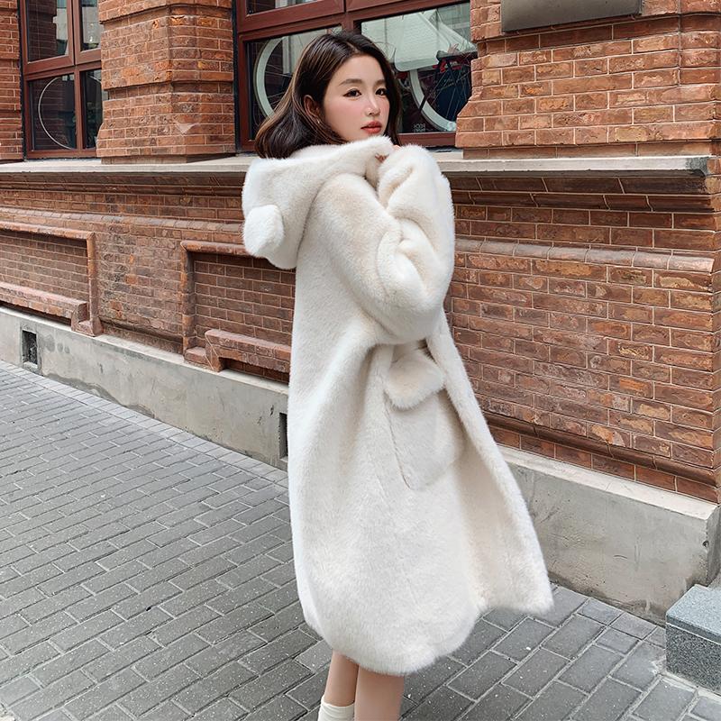 白色仿貂毛皮毛一体外套女冬中长款2024新款加厚可爱毛毛学生少女，女装皮草，宁宁家