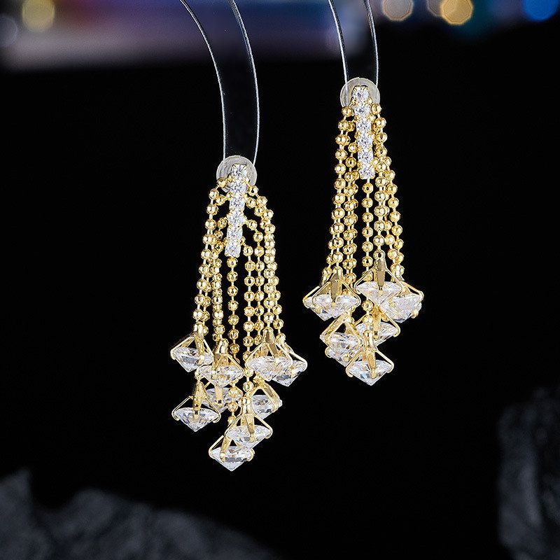 高级感爆闪锆石流苏线条耳环