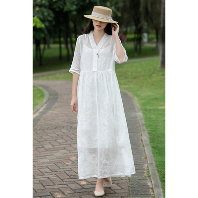 深圳南油高端杭州提花连衣裙苎麻