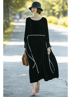 2026新款真丝全丝绒高端高贵洋气复古金丝绒女法式春秋品牌连衣裙