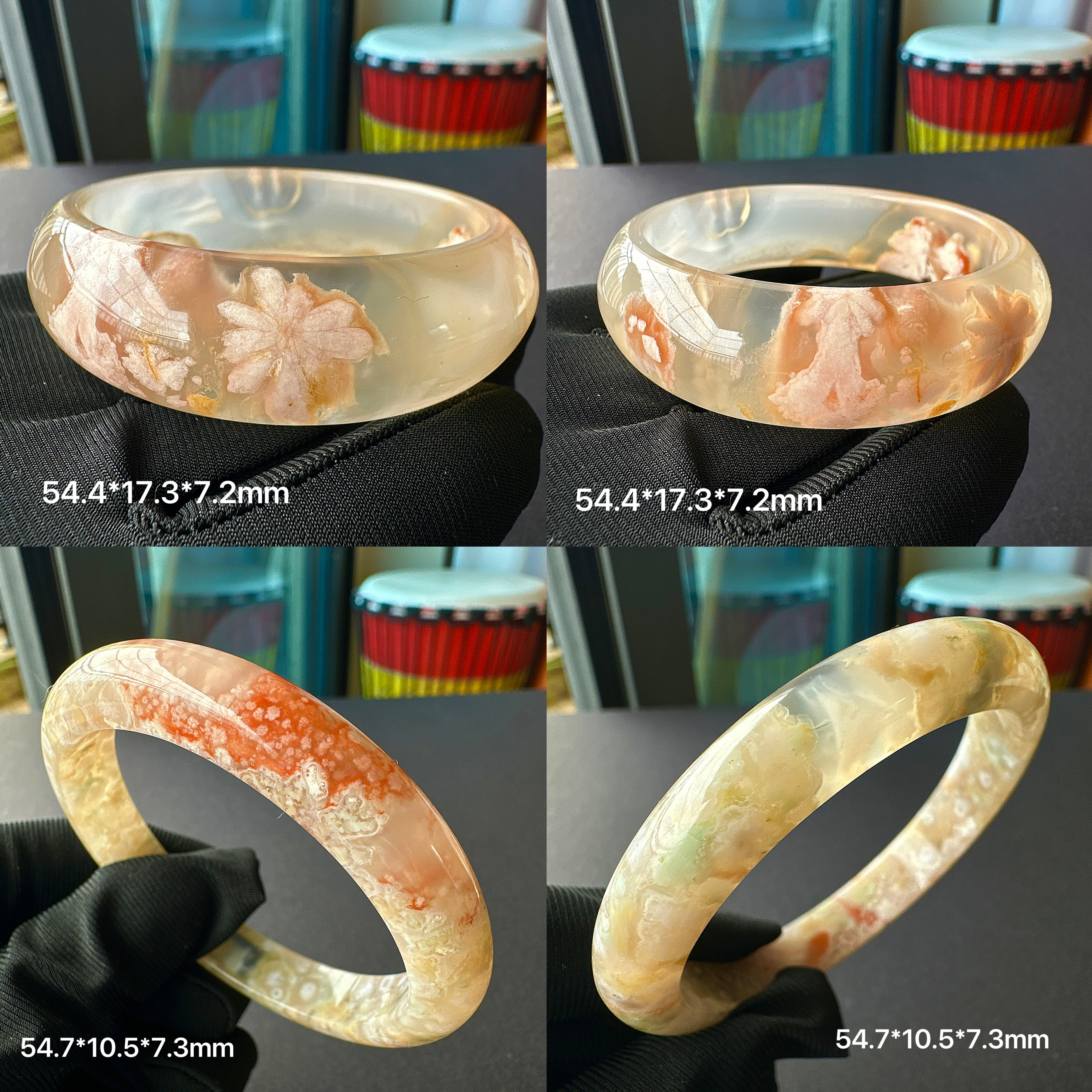 54圈天然冰透粉红色樱花玛瑙手镯一图一物孤品小众玉石女款文艺风