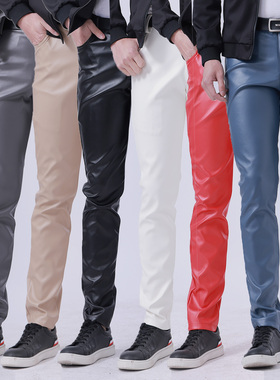 夏季薄款青年皮裤男士弹力修身时尚彩色白色酒吧网红皮裤男士青春