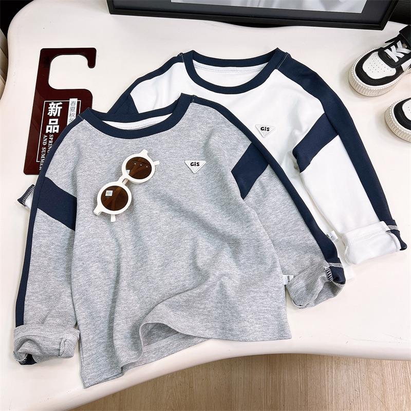 男童打底衫新款圆领宽松t恤纯棉拼接长袖上衣简约百搭儿童卫衣潮