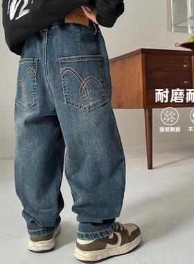 海妈家童装2025春秋新款男童复古刺绣软牛仔裤子韩版秋装长裤宽松