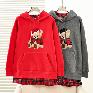 2025秋冬新款 学院风加绒圣诞卡通格纹拼接连帽卫衣女YTMH254CL1B
