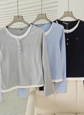 2025秋季新款学院风简约复古时髦撞色拼接长袖T恤女TTLA254903P