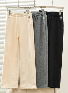 2025秋冬新款女装学院风高腰宽松加绒直筒休闲裤长裤TTTM254VC1K