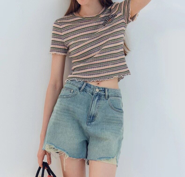 2024春夏新款女装学院风撞色条纹减龄简约套头短袖T恤TTRA246540N