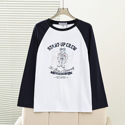 2026春季新款女装学院风时尚撞色插肩袖圆领长袖T恤TTLA2612C3A