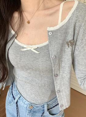 MOMONANA秋季灰色修身显瘦针织开衫灰色吊带系带蓝色流苏牛仔长裤