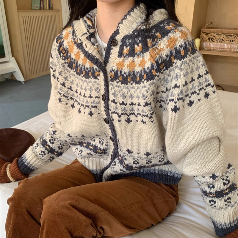 任敏同款MOMONANA秋冬街头时尚百搭复古粗棒针针织连帽开衫