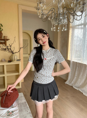 清仓！MOMONANA灰色碎花T恤两件套上衣显瘦百褶裙减龄百搭半裙