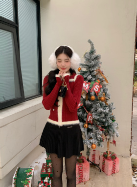 MOMONANA红色圣诞节绒感针织开衫修身内搭收腰双拉链毛衣打底衫