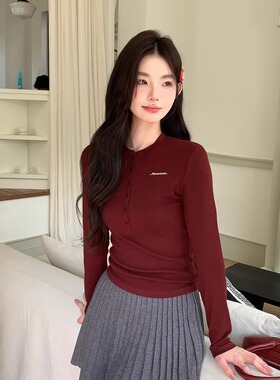 MOMONANA秋冬街头时尚百搭红色长袖套头针织显瘦舒适打底衫