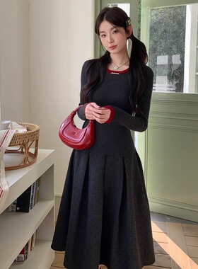 MOMONANA秋冬街头通勤百搭时尚灰色红边针织打底衫灰色波点长裙