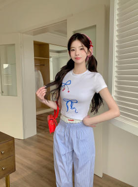 MOMONANA夏季亮钻樱桃短款t恤上衣设计感蓝色抽绳长裤松弛感休闲