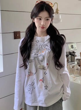 MOMONANA2025春夏白色百搭蝴蝶结长袖t恤灰色宽松休闲长裤