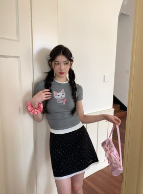 MOMONANA甜辣妹百搭高腰波点蕾丝边短裙灰色猫咪假两件短袖T恤