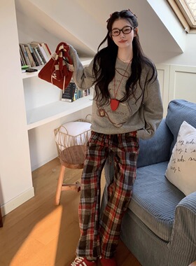 MOMONANA秋冬休闲灰色宽松套头天平卫衣红色格纹长裤