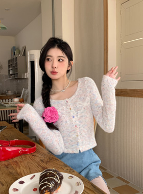 MOMONANA蕾丝蝴蝶结糖果套头针织衫上衣温柔甜美亮钻蓝色半身裙