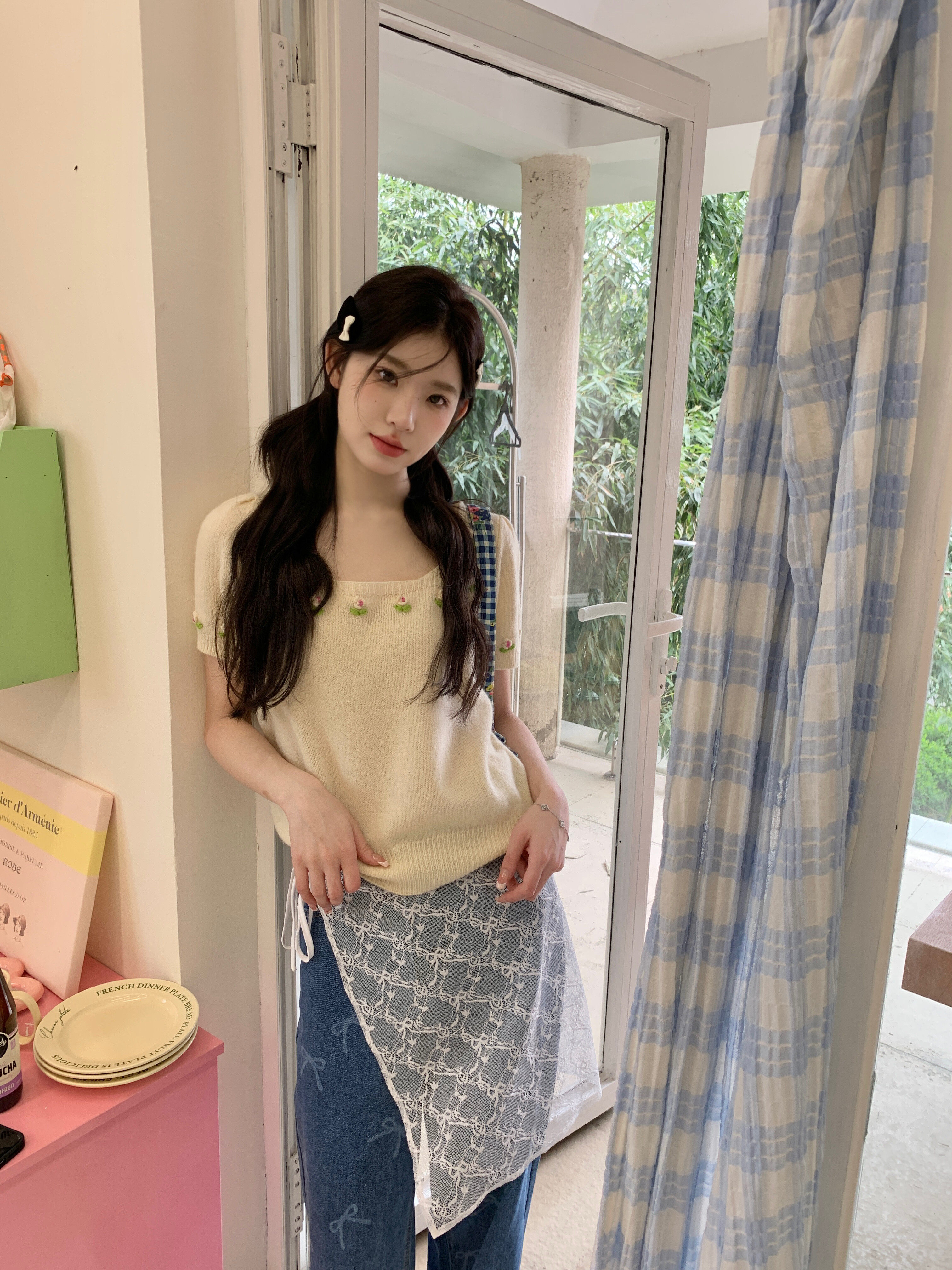 【徐梦洁同款】MOMONANA钩针小花U领针织短袖印花牛仔裤蕾丝网纱