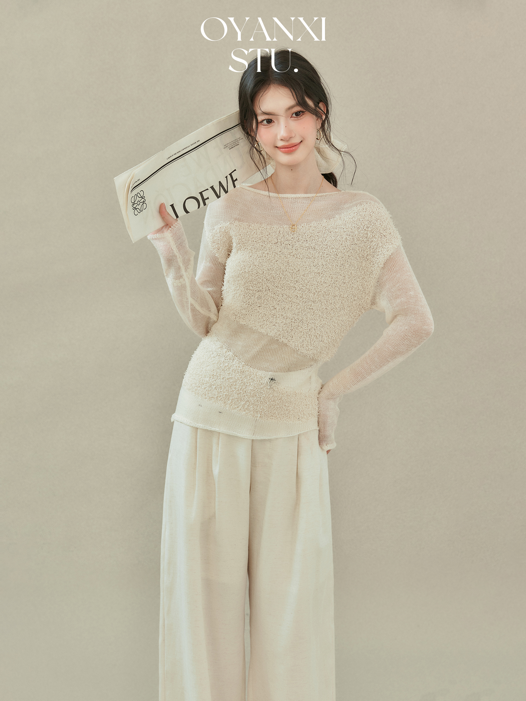 Design of the "Cedar Milk Shell" Features a Hollow-Out, Three-Dimensional Patchwork Long-Sleeve Knit Top for Women, Suitable for Autumn