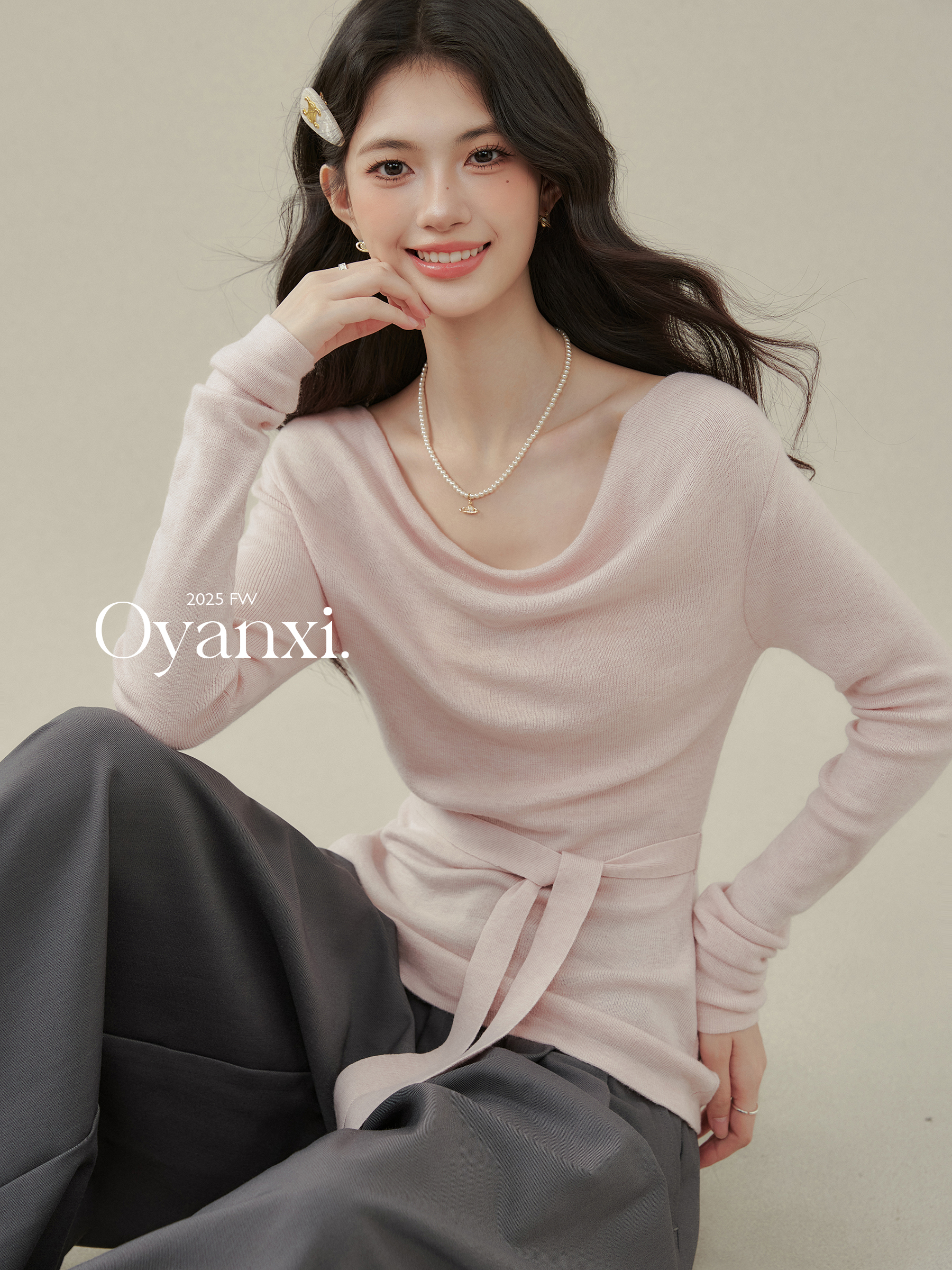 Autumn Girlfriend Swing Collar Shoelace Long sleeves Knitwear Women's Early Autumn Outwear Pink Chic Tops