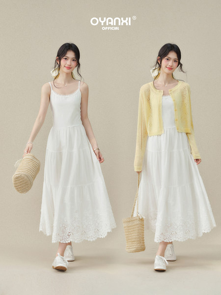 White maxi dress worn with a yellow cardigan and straw bag on a model