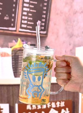 薛之谦小d玻璃吸管杯600ml大容量带双盖卡通奶茶水杯子家用办公室