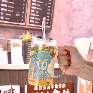 薛之谦小d玻璃吸管杯600ml大容量带双盖卡通奶茶水杯子家用办公室